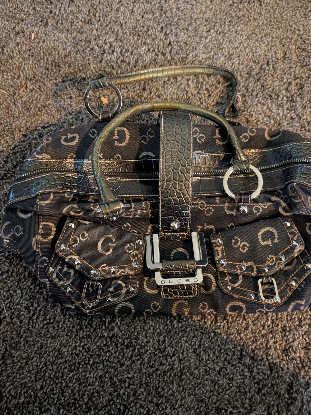 GUESS Black and Brown Monogram Satchel Bag